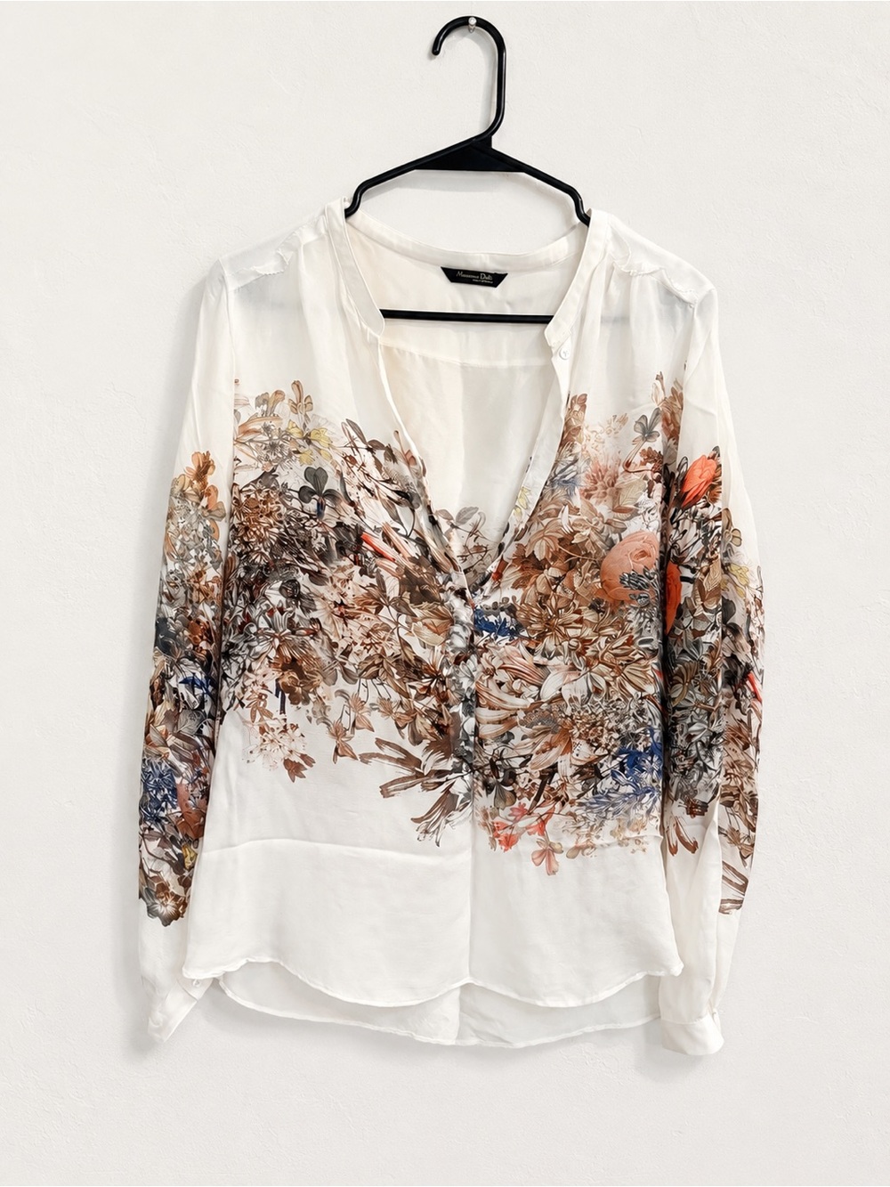 Massimo Dutti Floral Print Blouse | Silk Blend Look | Ivory Long Sleeve Top